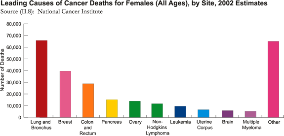 Leading Causes of Cancer Deaths for Females (All Ages), by Site, 2002 Estimates